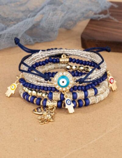 4 piezas/set Pulsera con cuentas multicapa con colgante de ojo de palma y flecos con decoración de mano y borla de Hamsa - Image 4