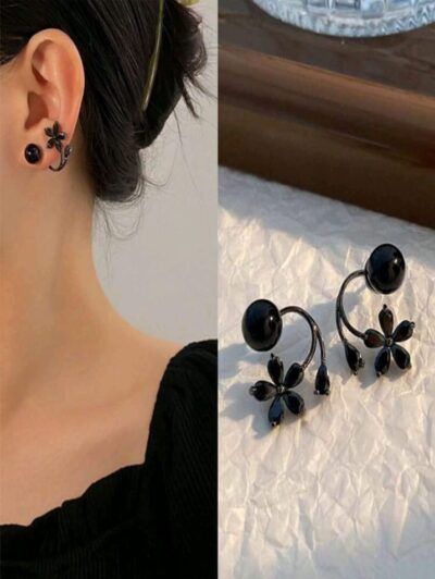 Pendientes De Flores Y Perlas Falsas En Negro