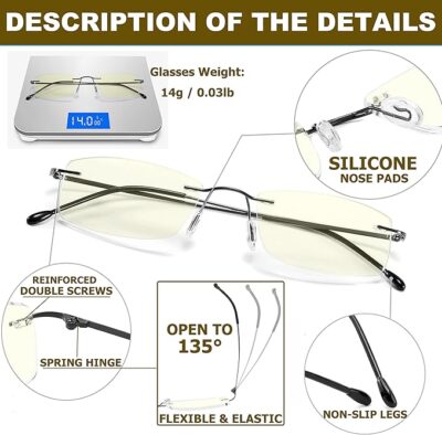 Paquete de 2 lentes de lectura sin montura de titanio con filtro antideslumbrante de luz azul, lectores de bisagra de resorte ultraligeros para hombres Woman - Image 5